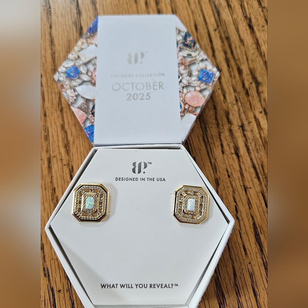Bomb Party October Elegant Gold and Silver Hexagon Opal Earrings